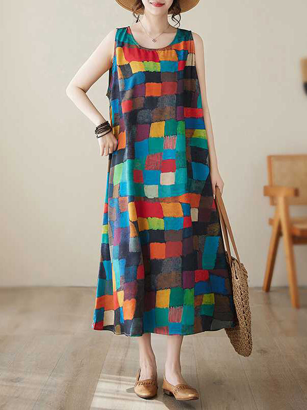 Loose Sleeveless Contrast Color Multi-colored Plaid Round-neck Midi Dresses