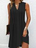 Loose Sleeveless Pleated Color V-neck Mini Dresses