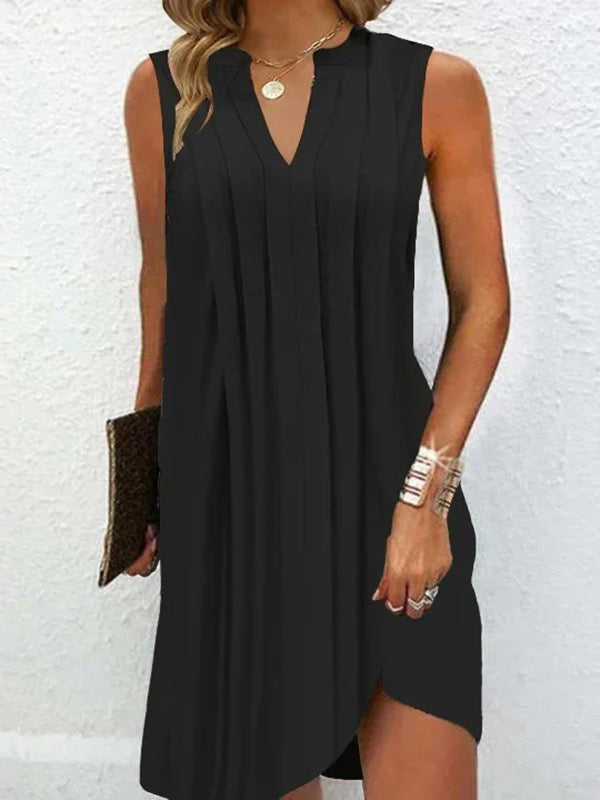 Loose Sleeveless Pleated Color V-neck Mini Dresses
