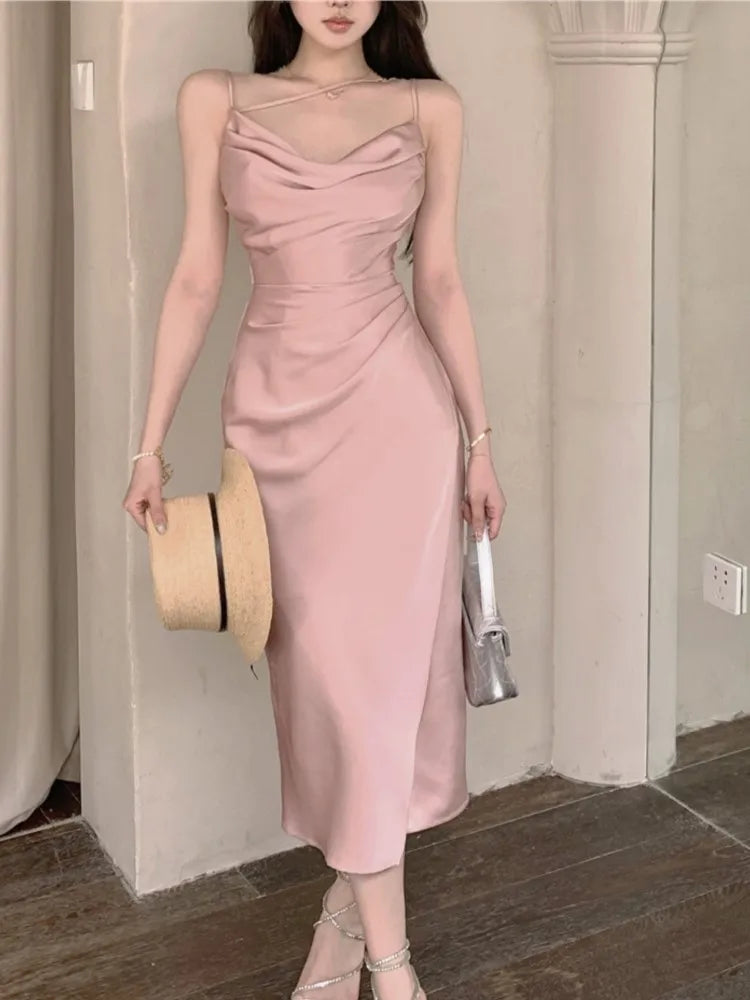 Satin Midi Dress New Summer Spaghetti Strap Slim Swinging Collar Split Evening Party Dresses Prom One Piece Vestido