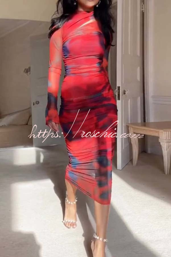Won the Attention Mesh Tie Dye Ruched Midi Dress