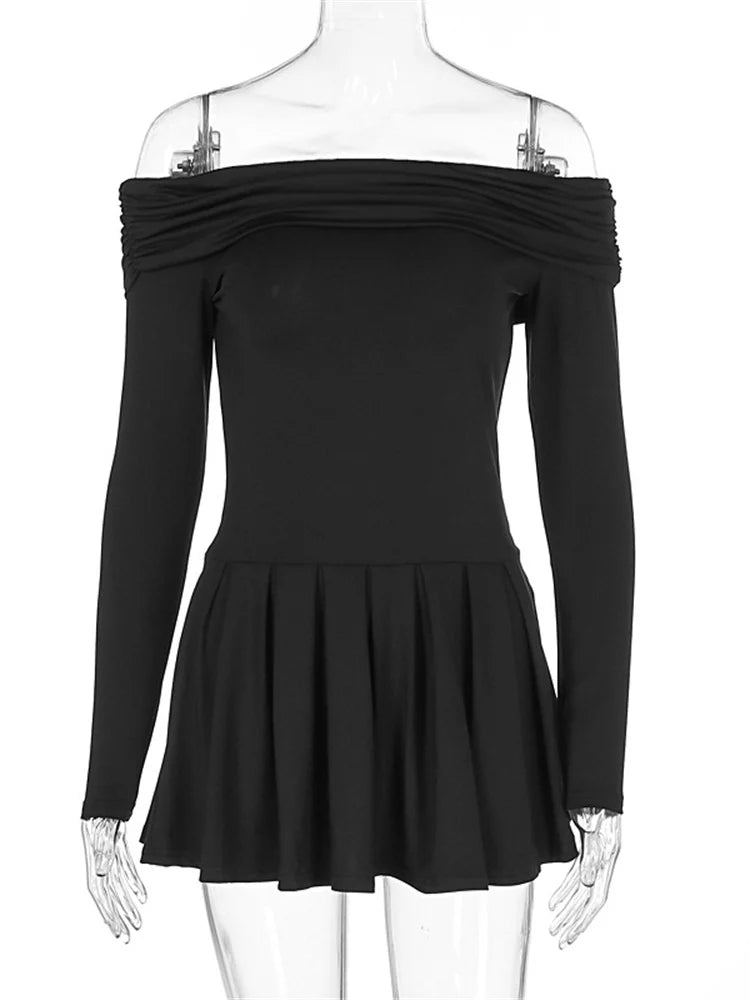 Black Off-shoulder High Waist Mini Dress ’s Pleated Patchwork Slim Backless Dress Female Dress Autumn