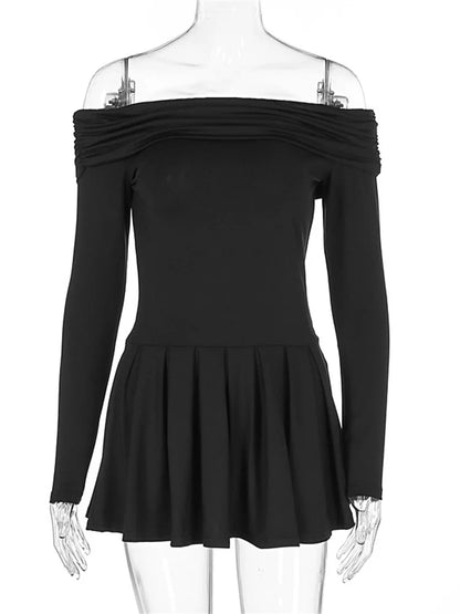 Black Off-shoulder High Waist Mini Dress ’s Pleated Patchwork Slim Backless Dress Female Dress Autumn