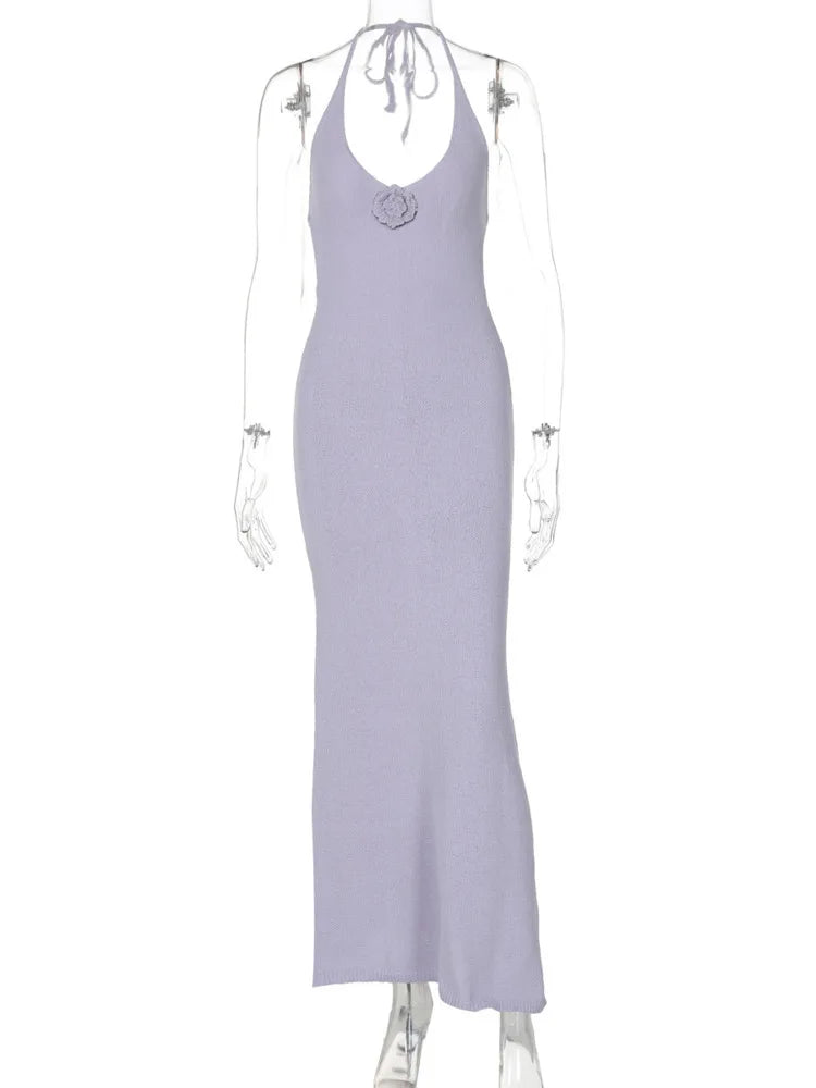 Halter V Neck Maxi Dress for Spaghetti Strap Sleeveless Backless Bodycon Long Knit Dress