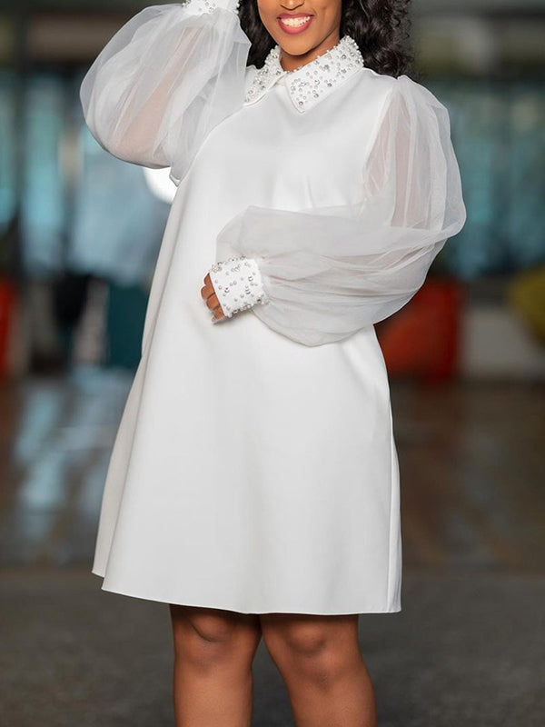 Puff Sleeves Beads Mesh Color Split-joint Round-neck Midi Dresses