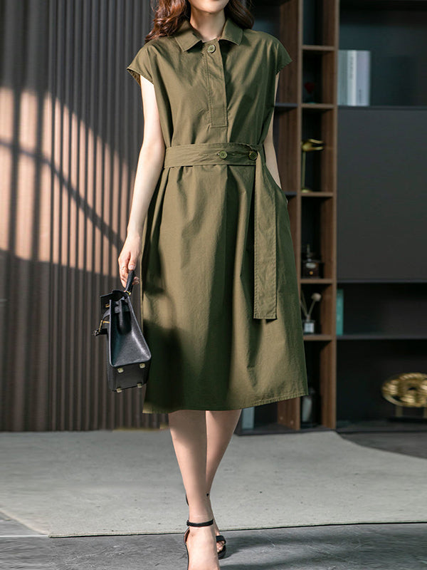 Short Sleeves Bandage Color Lapel Midi Dresses
