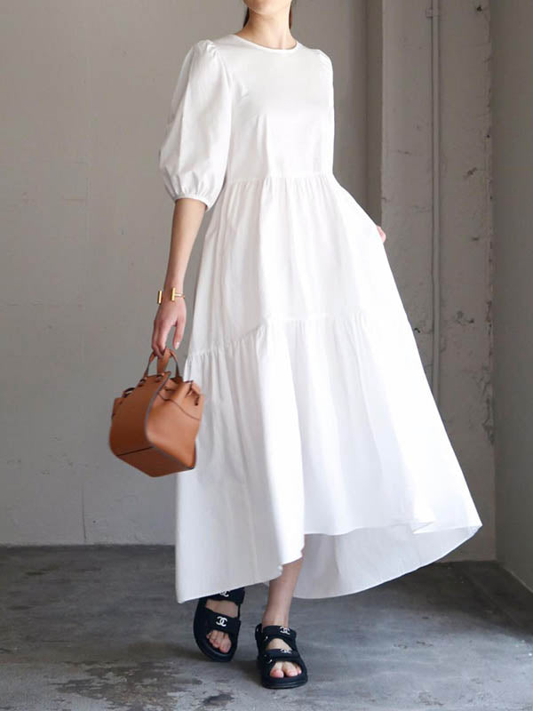 Half Sleeves Puff Sleeves Breathable See-through Color Round-neck Midi Dresses