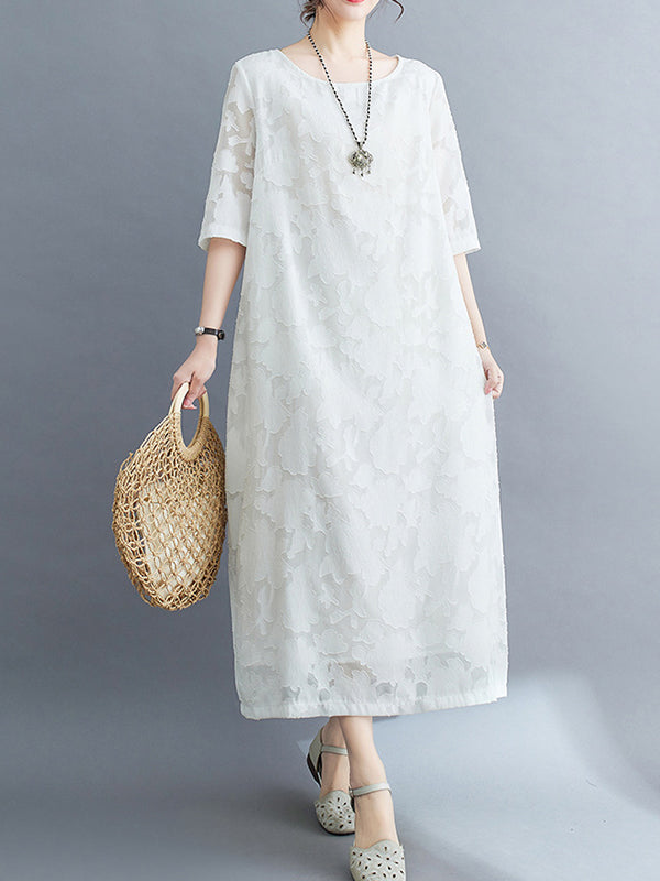Loose Three-quarter Sleeves Jacquard See-through Color Round-neck Midi Dresses