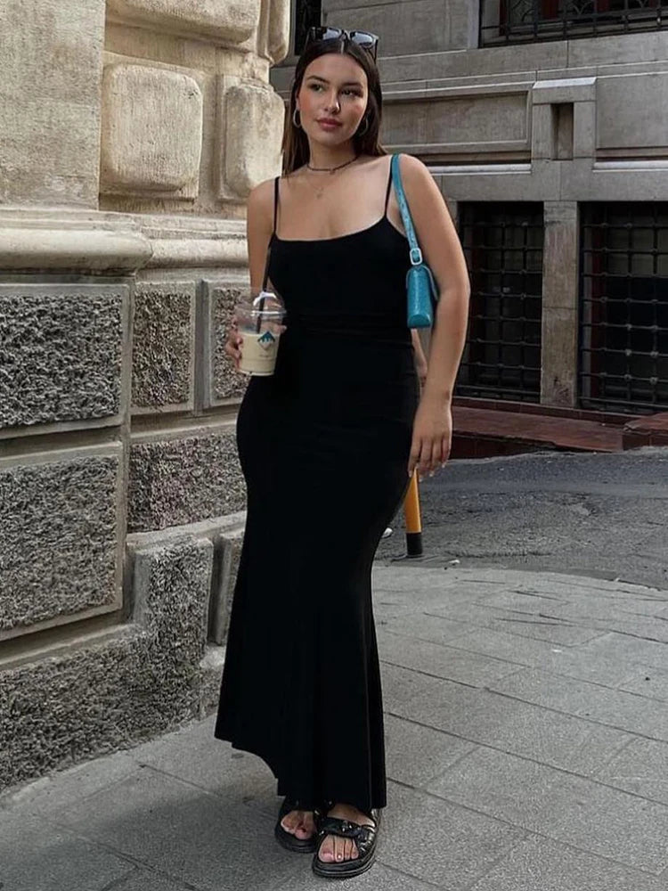 Maxi Dresses for Summer Straps Camisole Bodycon Long Dress Sleeveless Elastic Slim Trumpet Dress