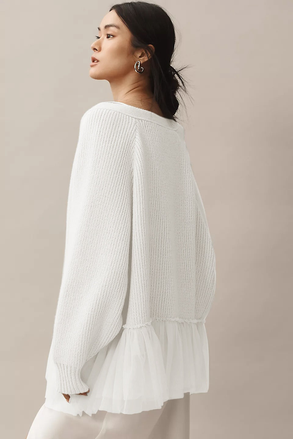 Ruffled Tulle Knit Long-sleeve Cardigan