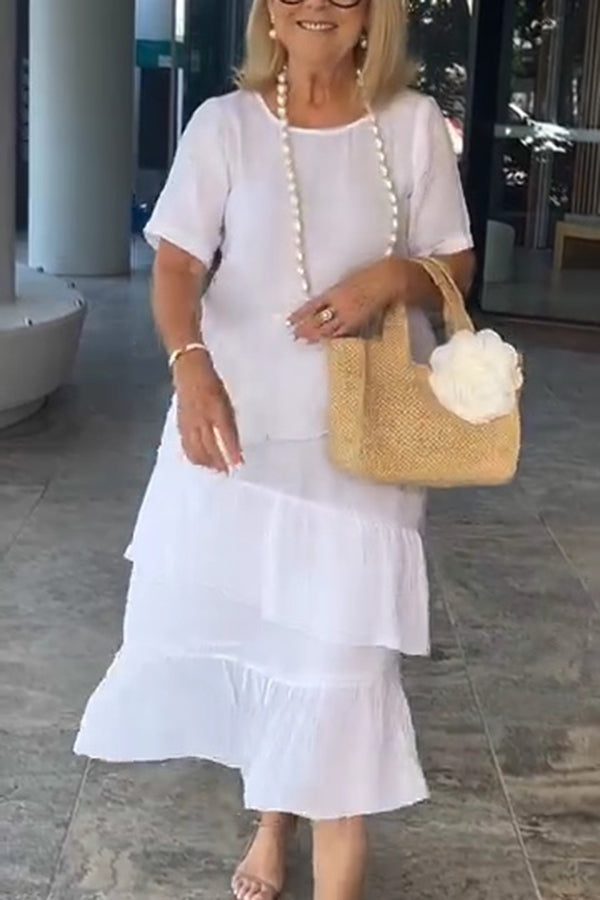 Linen Blend Color Round Neck Loose Midi Dress