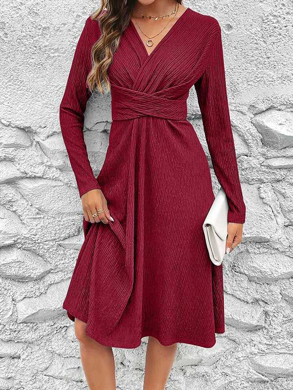 Long Sleeves Loose Pleated Color Split-joint V-neck Midi Dresses