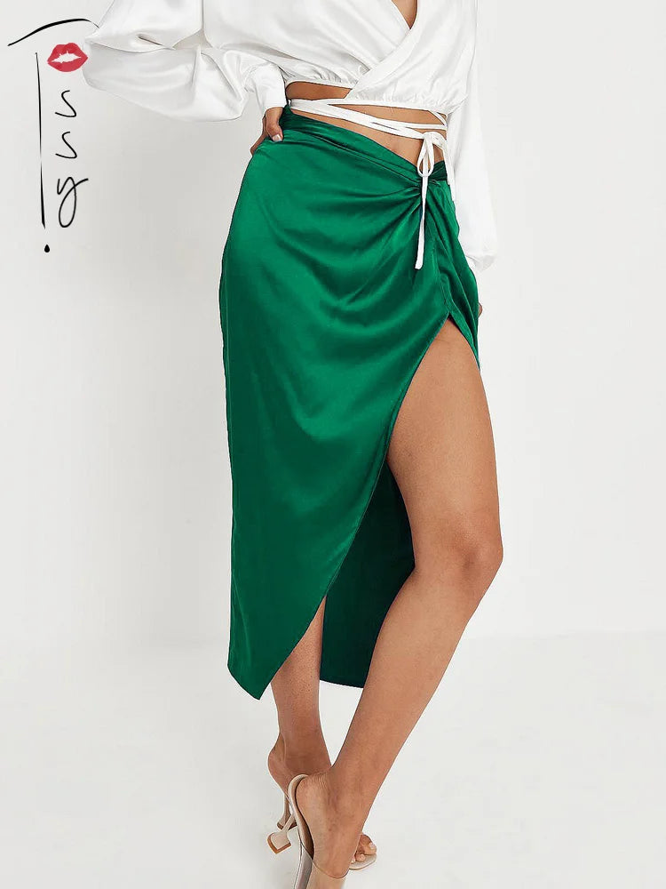 Satin High Splite Out Skirts Folds Irregular High Waist Bodycon Long Skirts Female French Style Outwears