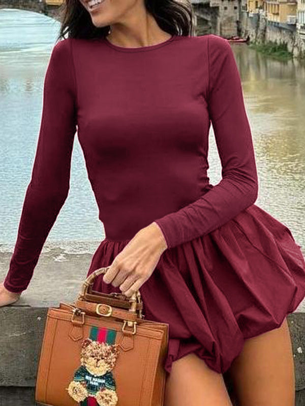 Long Sleeves Skinny Pleated Color Split-joint Round-neck Mini Dresses