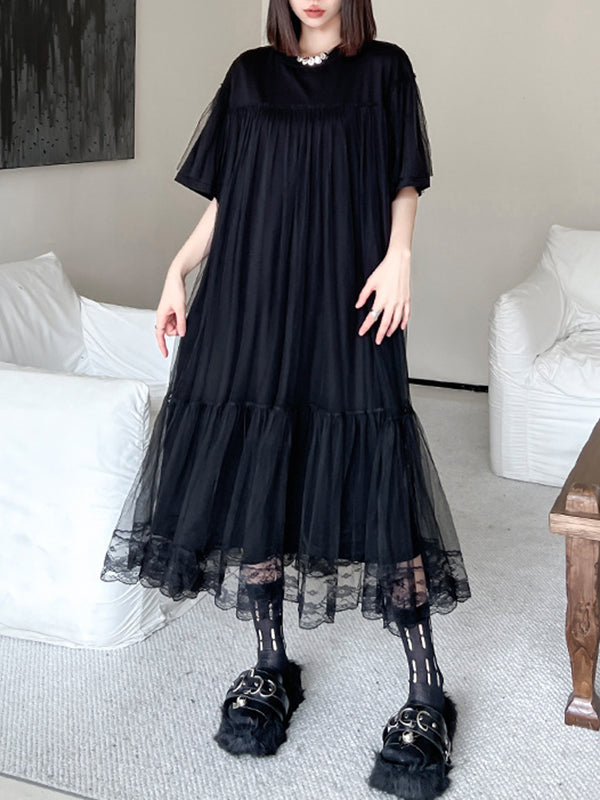 Fake Two-piece Loose Gauze Pleated Color Split-joint Tiered Round-neck Midi Dresses