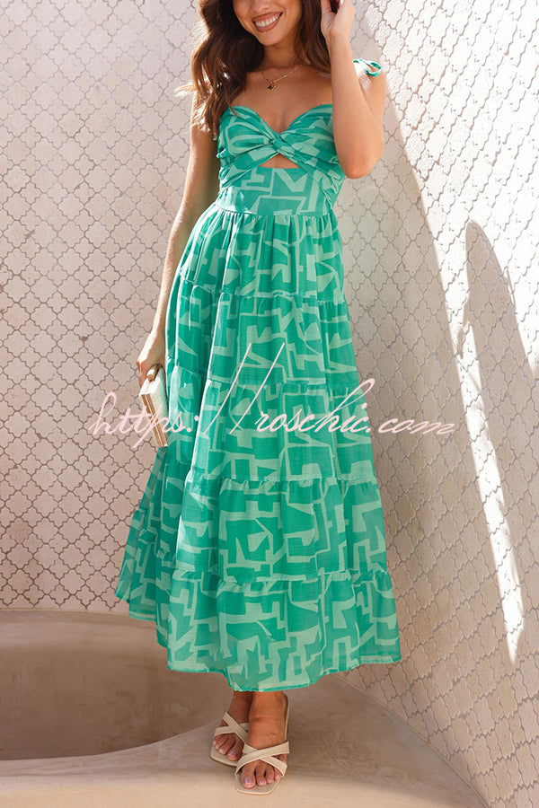 Unique Printed Suspender Tie Back Pleated Midi Dress