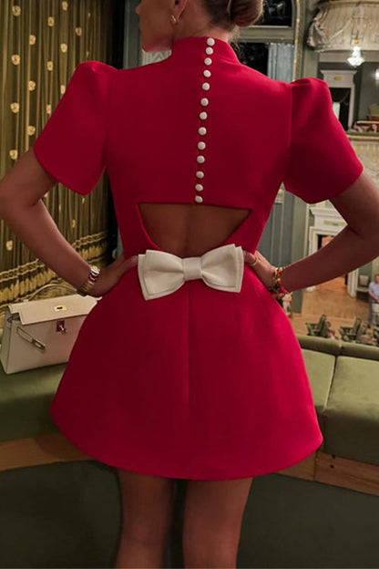 Mockneck Petal Sleeves Bow Knot Cut Out Mini Dress