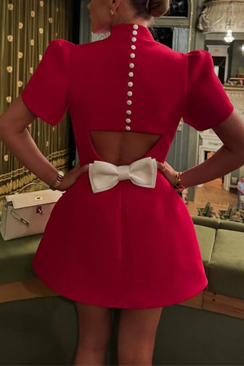 Mockneck Petal Sleeves Bow Knot Cut Out Mini Dress