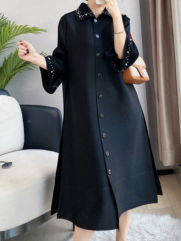 Loose Three-quarter Sleeves Beaded Pleated Lapel Midi Dresses