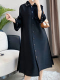 Loose Three-quarter Sleeves Beaded Pleated Lapel Midi Dresses
