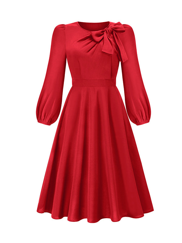 A-line Long Sleeves Asymmetric Bowknot Elasticity Color Round-neck Midi Dresses