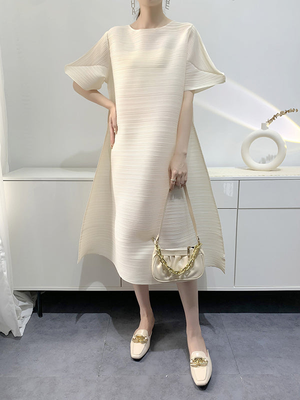 Loose Pleated Round-neck Midi Dresses