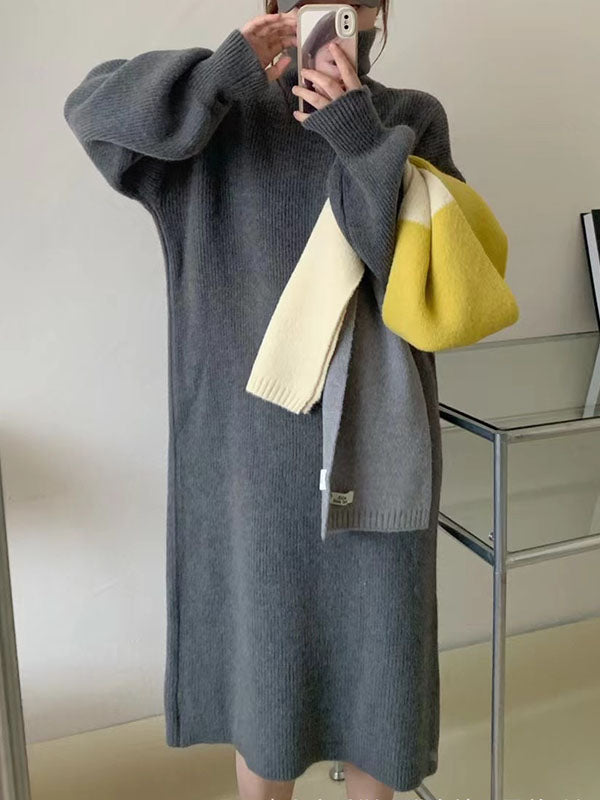 Long Sleeves Loose Color High Neck Midi Dresses Sweater Dresses