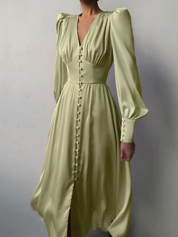 A-line High Waisted Buttoned Pleated Color V-neck Midi Dresses