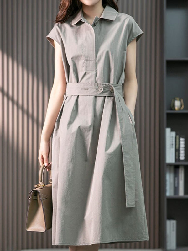 Short Sleeves Bandage Color Lapel Midi Dresses