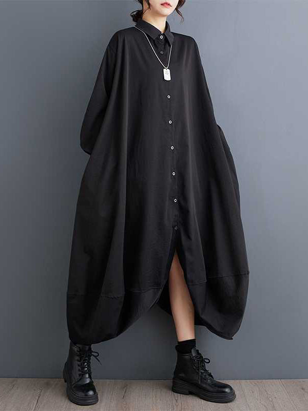 A-line Long Sleeves Buttoned Pockets Color Split-joint Lapel Midi Dresses Shirt Dress
