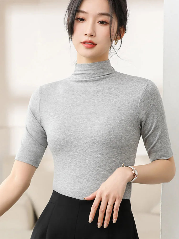 Half Turtleneck Milk Silk Tops Short Sleeve Slim T-shirt Color Basic Trend Bottoming Shirt High Street Blouse