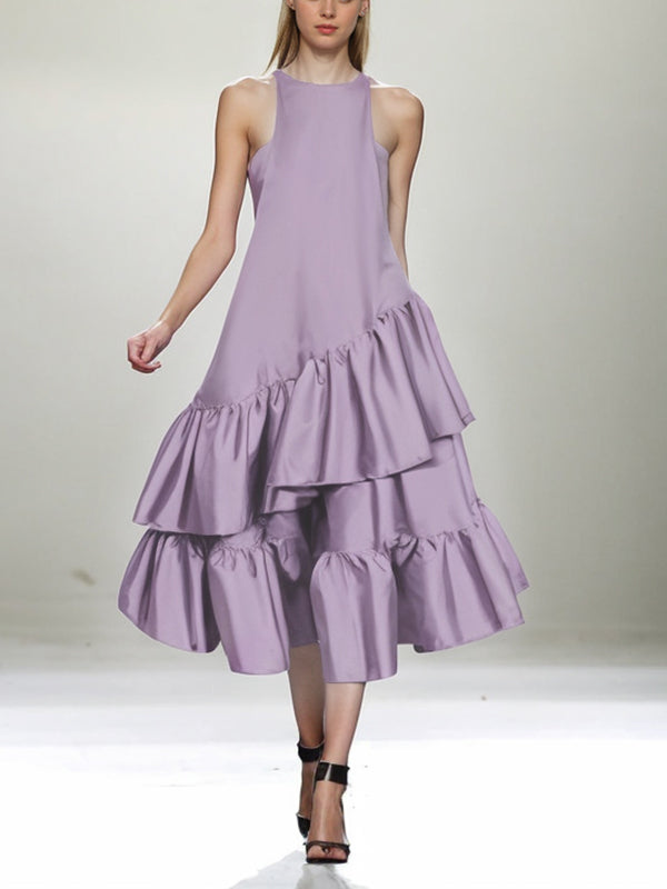 A-line Loose Double Layered Pleated Color Split-joint Zipper Cold Shoulder Midi Dresses