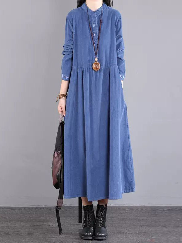 Corduroy Long Sleeves A-line Embroidered Round-neck Midi Dresses