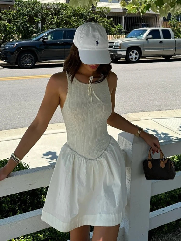 Fantoye Backless A-line Dress White Sleeveless Round Neck Mini Dress Female Summer Loose Vestidos