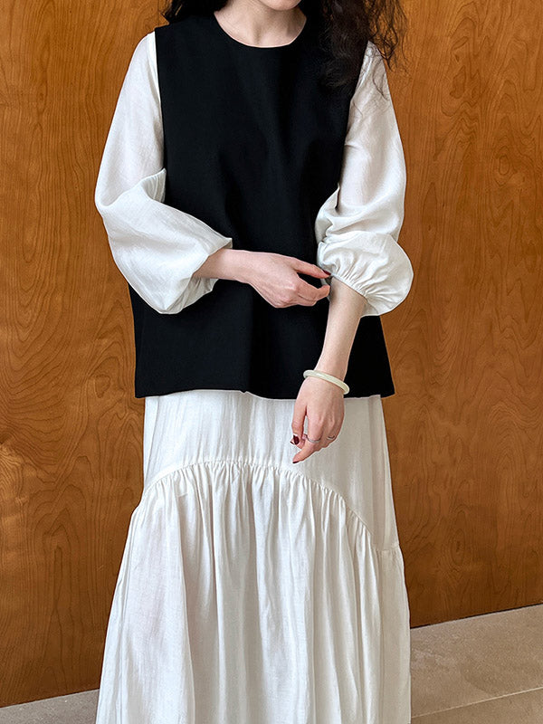 High Waisted Long Sleeves Elasticity Pleated Color Split-joint Zipper V-neck Midi Dresses