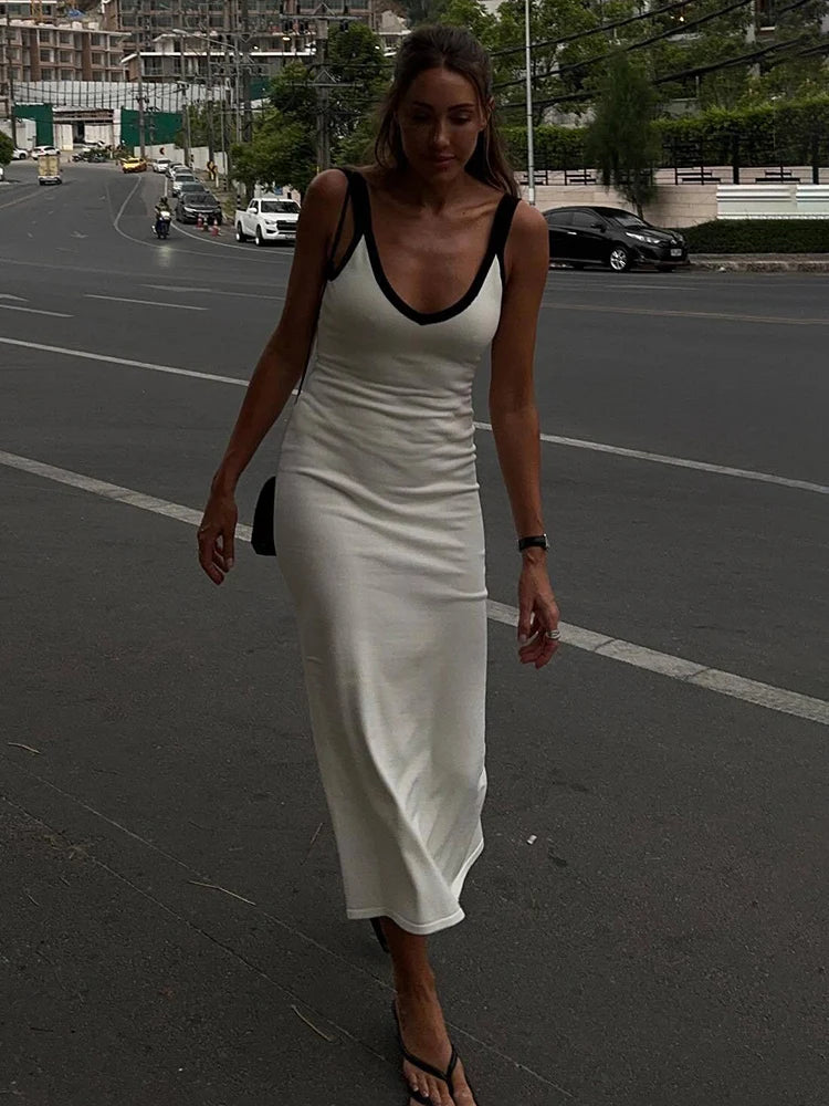 Knit Suspender Split Long Dress Sleeveless Block Color Beach Vacation V-neck Knitwear Bodycon Dress New