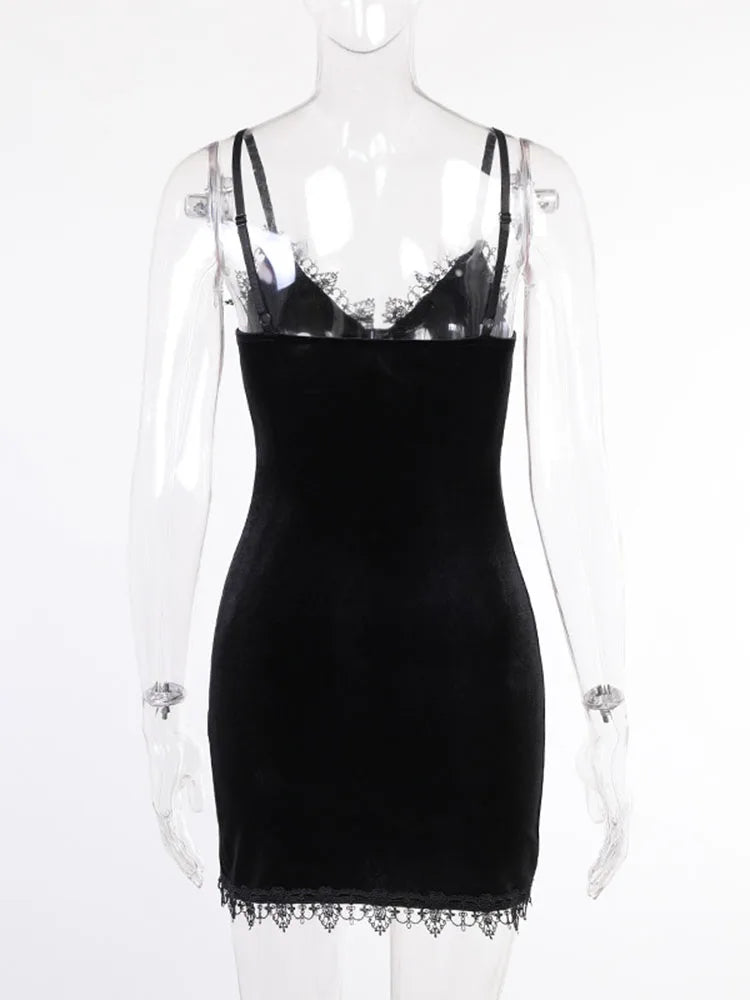 Dark Cross Black Mini Dress Spaghetti Strap High Waist Slit Dresses Goth Party Club Dress