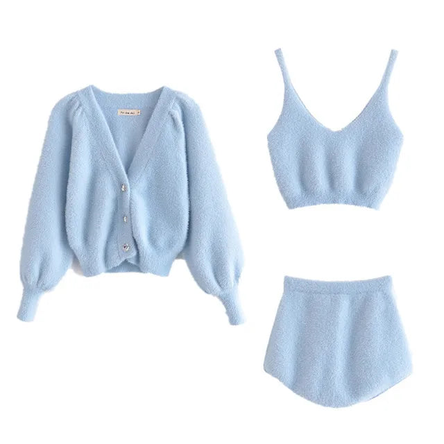 Two Piece Sets Outfits White Plush Mohair Drill Button Cardigan Coats With Bra Tops and Mini Shorts Matching Sets