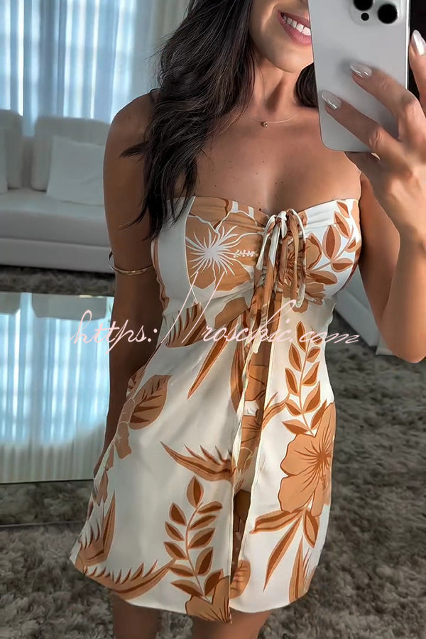 Print Bandeau Drawstring Top and Elastic Waist Pocket Shorts Set