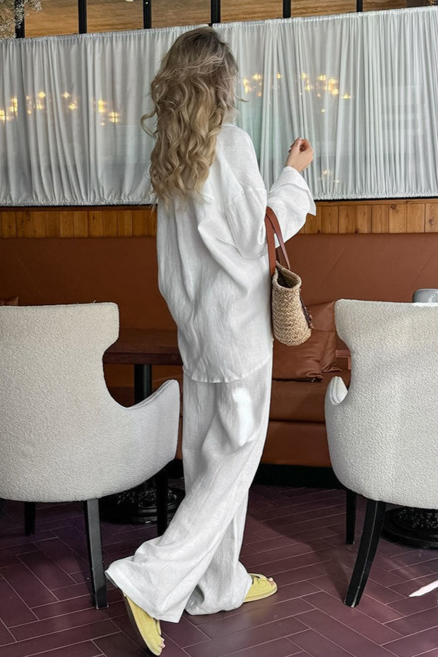 Linen Shirt Straight Pants Two Piece Set