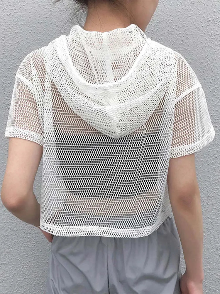 Hollow Mesh Net Hooded T-shirt Short Sleeve Tee Tops Transparent Black Swxy Clubwear Party