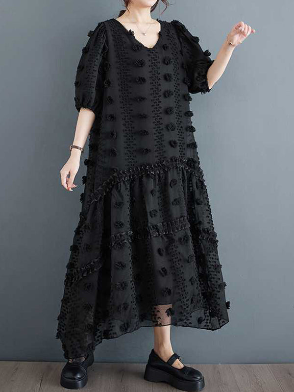 A-line Half Sleeves Elasticity Jacquard Color Split-joint V-neck Midi Dresses