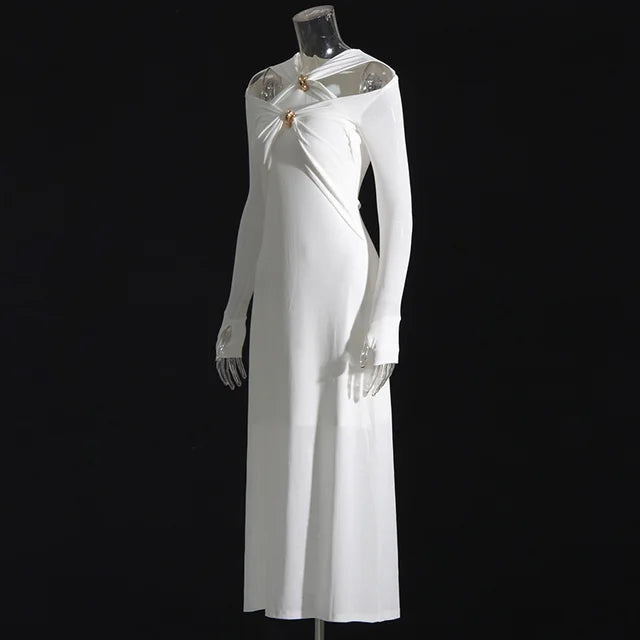 Irregular High-waist Slim-fitting Long-sleeved Dress Fashionable Metal Twist Evening Dress White Long Dresses for