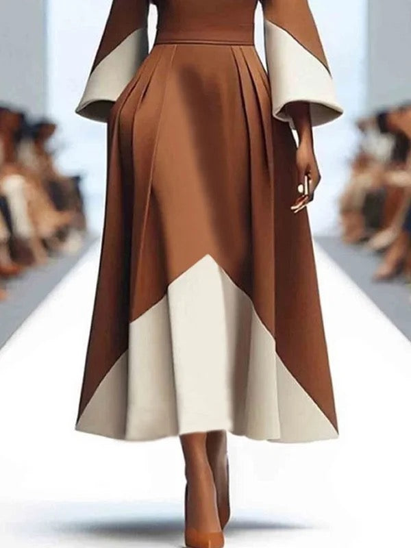 A-line Long Sleeves Contrast Color Pleated Pockets Split-joint High Neck Midi Dresses