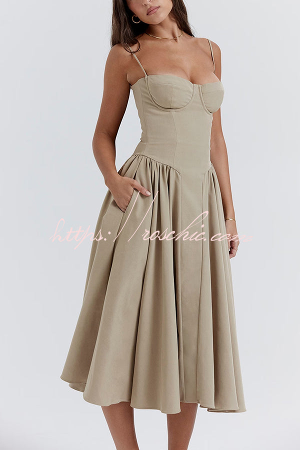 Color Slim Fit Suspender Pocket Midi Dress