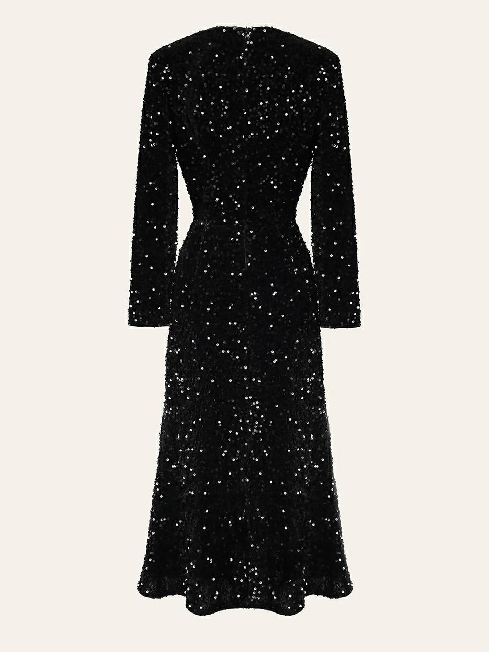 Sequin Decorated Velvet Midi Dress in Black