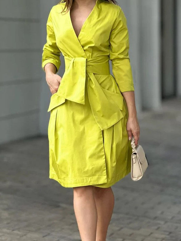 Long Sleeves Color Tied Waist Deep V-neck Mini Dresses