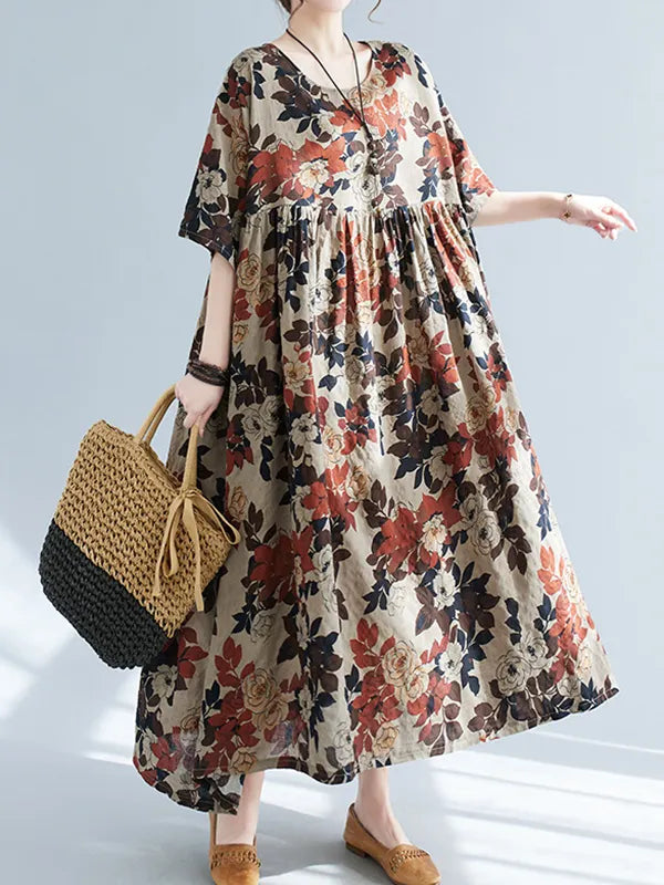 Loose Puff Sleeves Printed Round-neck Midi Dresses