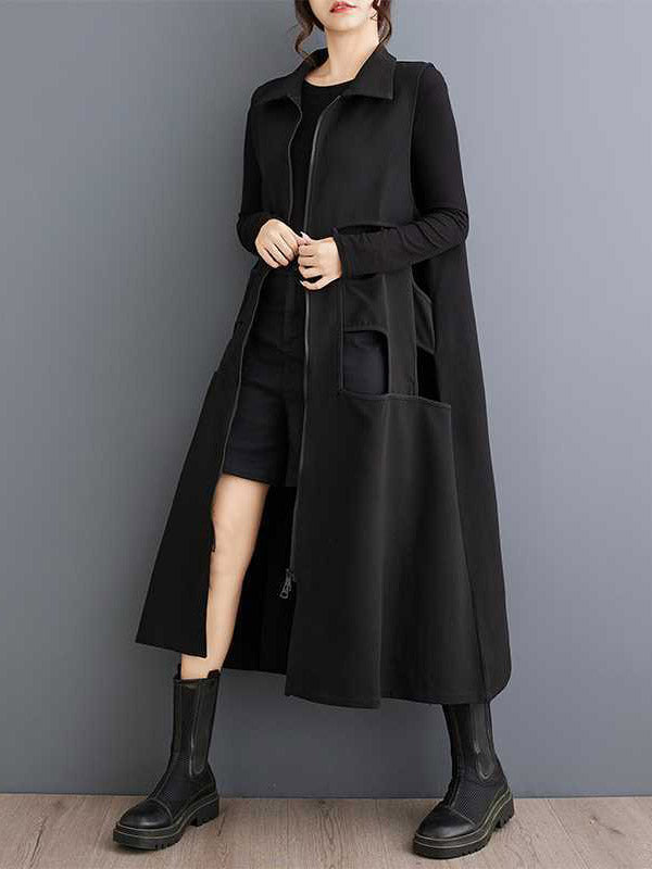 Loose Sleeveless Hollow Color Zipper Lapel Midi Dresses