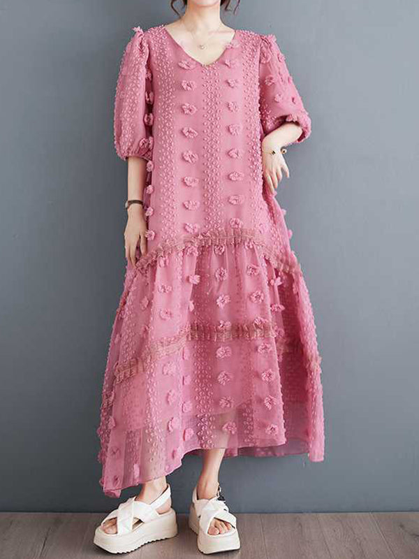 A-line Half Sleeves Elasticity Jacquard Color Split-joint V-neck Midi Dresses